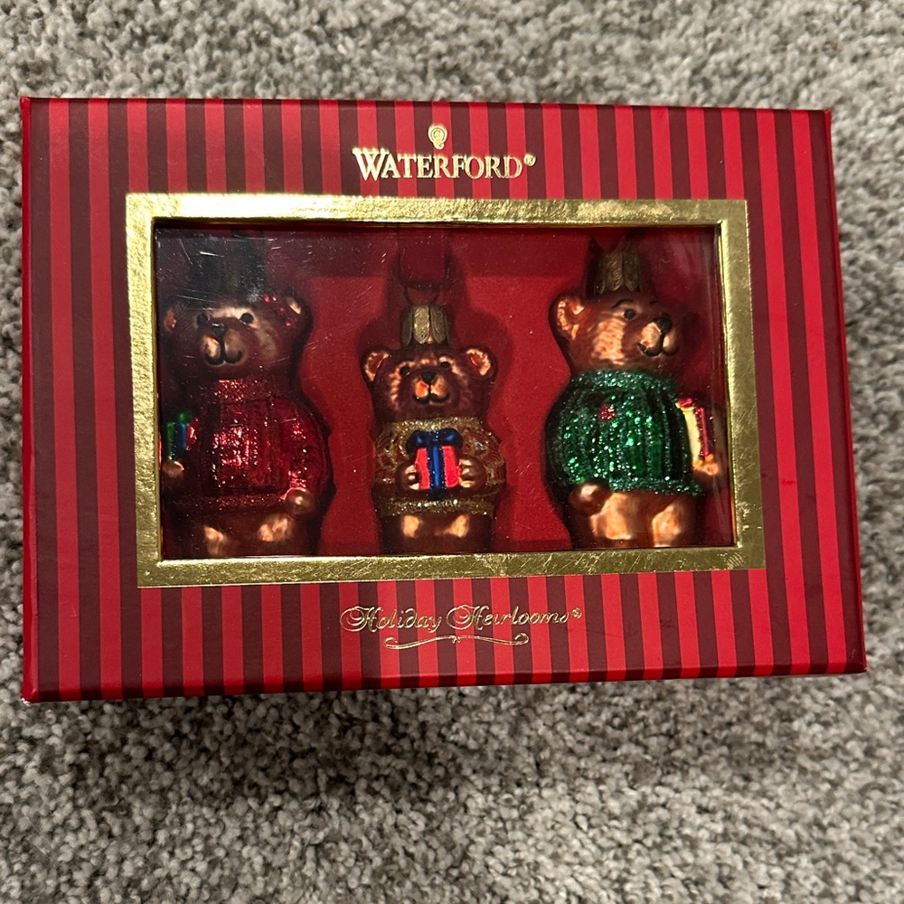 Waterford Festive Bear Ornament Set with Red and Green Accents